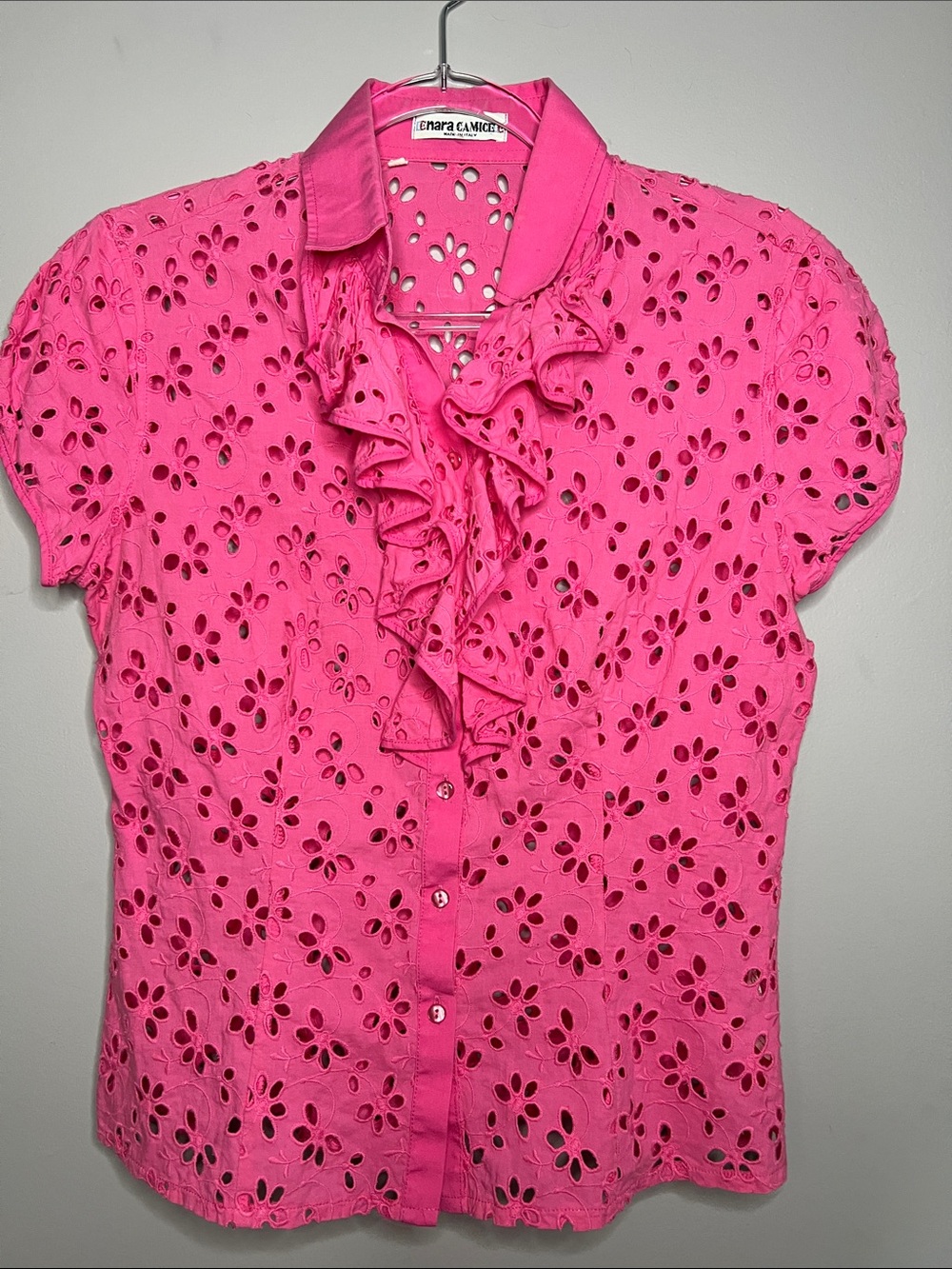 Naracamicie Bright Pink Eyelet Ruffle Front‎ Blouse 100% Cotton Made in Italy